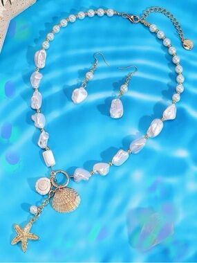 Pearl Shell Charm Gold-tone Necklace & Earrings Y Set White Pearlescent